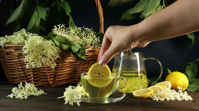 Woman hand is putting sliced lemon in cup of elder flowers tea