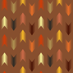 Seamless tribal pattern with colorful arrows decoration on dark brown background - obrazy, fototapety, plakaty