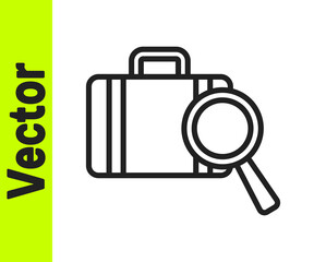 Black line Airline service of finding lost baggage icon isolated on white background. Search luggage. Vector