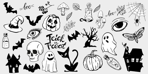 Halloween Hand-drawn Symbols set. Vintage Sketches of the Spooky Night of Halloween. Skull, Pumpkin, Bottles, and Other Elements of All Saints Night.