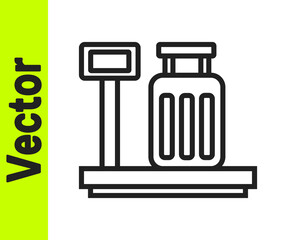 Black line Scale with suitcase icon isolated on white background. Logistic and delivery. Weight of delivery package on a scale. Vector