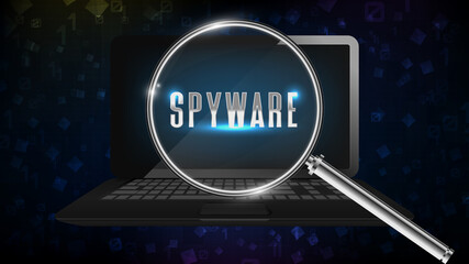 abstract background of notebook computer laptop find spyware software with magnifying glass - obrazy, fototapety, plakaty