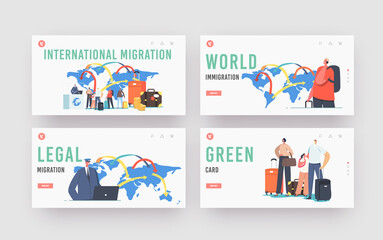 International Migration Landing Page Template Set. Characters Legal World Immigration. Tourists Leaving Country