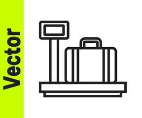 Black line Scale with suitcase icon isolated on white background. Logistic and delivery. Weight of delivery package on a scale. Vector