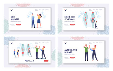 Obraz na płótnie Canvas Psoriasis Landing Page Template Set. Tiny Doctor Character Show Affected Areas on Human Body. Autoimmune Skin Disease
