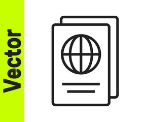 Black line Passport with biometric data icon isolated on white background. Identification document. Vector