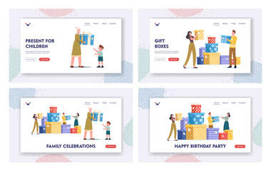 Family Celebration Landing Page Template Set. People Give Holiday Presents. Granny Presenting Gift to Child on Birthday