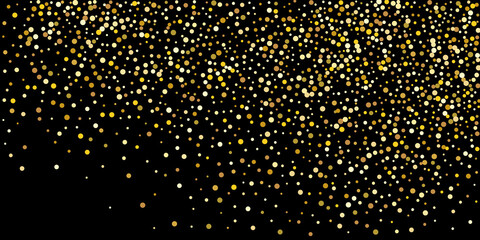 Golden point confetti on a black background. Luxury festive background. Decorative element. Element of design. Vector illustration, EPS 10.