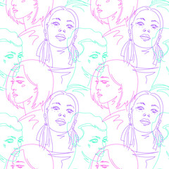 Women faces linear drawings seamless vector pattern. Afro, black, asian, european woman head. Hand drawn colorful simple line sketches. Diversity, female themed background, hair salon, beauty template