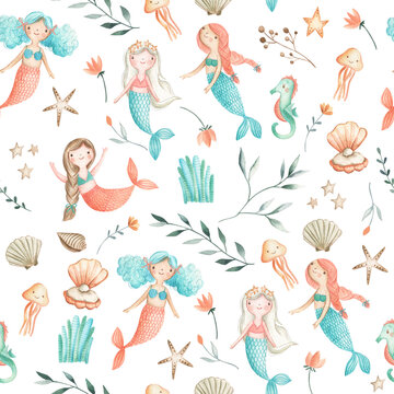 Mermaids watercolor children seamless pattern illustration