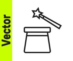 Black line Magic hat and wand icon isolated on white background. Magic trick. Mystery entertainment concept. Vector