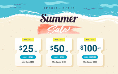 Summer sale voucher template background vector illustration. Voucher coupon - obrazy, fototapety, plakaty