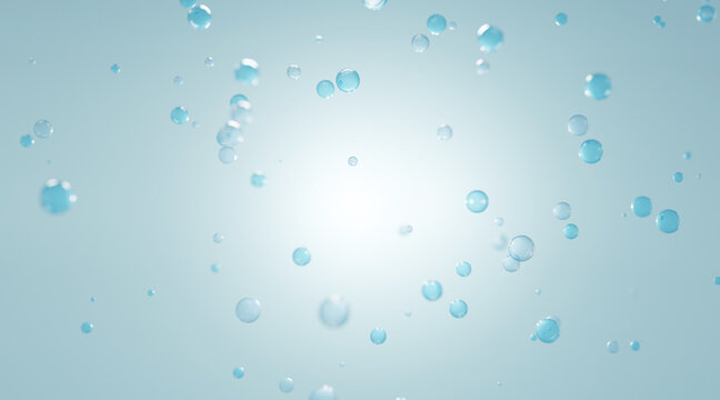 Blue liquid bubbles floating in air. Collagen bubbles. Concept for cosmetics. 3d Cosmetic molecule cream.