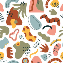 Organic seamless pattern with colorful tropical shapes, lines, doodles and elements.  Modern natural vector design