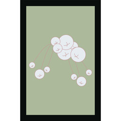 Abstract white berries on green background, viburnum, Ukrainian symbol, floral card with plants, vector