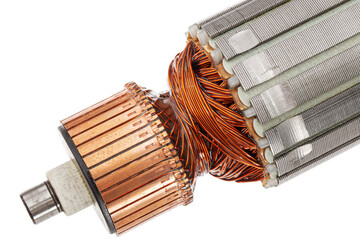 Rotor or of anchor electric motor closeup, isolated on white background