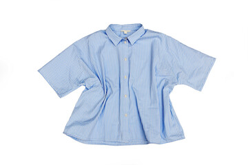 Blue white striped cotton short sleeve blouse isolated on white