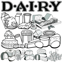 Hand drawn illustration of dairy food set.
