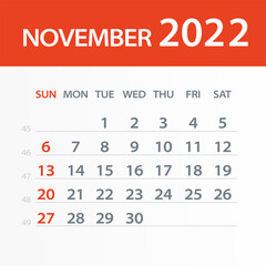 November 2022 Calendar Leaf - Vector Illustration