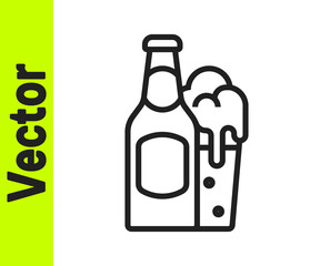 Black line Beer bottle and glass icon isolated on white background. Alcohol Drink symbol. Vector