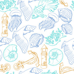 Vector seamless pattern with jellyfish, seashell, lighthouse, anchor, seagull, fish, coral. Line art color doodle illustration/
