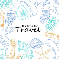 sea ocean postcard design with jellyfish, seashells, dolphin, lighthouse, anchor, fish, gull. Line art color vector illustration/