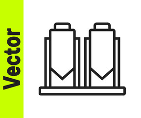 Black line Traditional brewing vessels in brewery icon isolated on white background. Beer brewing process. Distillery plant, brewery. Vector