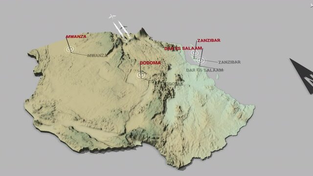 Seamless looping animation of the 3d terrain map of Tanzania with the capital and the biggest cites in 4K resolution