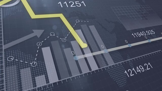 Yellow line graph and different charts and graphs on the background of dynamic numbers and a map of the world from dots. 4k. 3d render.
