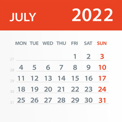 July 2022 Calendar Leaf - Vector Illustration. Week starts on Monday