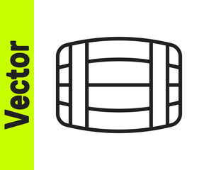 Black line Wooden barrel icon isolated on white background. Alcohol barrel, drink container, wooden keg for beer, whiskey, wine. Vector