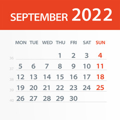 September 2022 Calendar Leaf - Vector Illustration. Week starts on Monday
