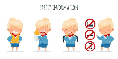 Character set a stewardess explains the safety rules on the plane. Lettering, safety information, white background, blue uniform, isolated. Vector illustration