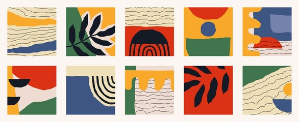 Trendy social media set of ten abstract backgrounds with abstract organic shapes composition in contemporary collage minimal style.