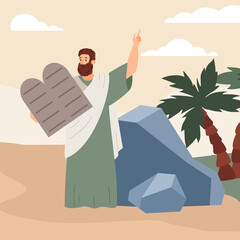 Biblical prophet Moses with ten commandments, flat vector illustration.