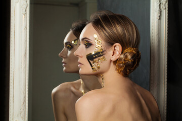 Beautiful woman and self-image mirror portrait. Fashion, ocd and psychology concept
