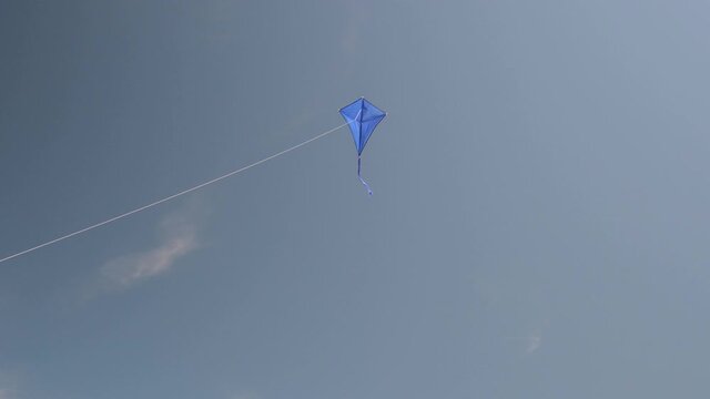 Blue kite soars in the blue sky. Man rules kite. The concept of freedom, summer hobbies, entertainment in nature. Minimalism, space for text, shades of blue. Silhouette	