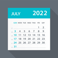 July 2022 Calendar Green Leaf - Vector Illustration