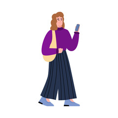 Modern young woman with mobile phone cartoon vector illustration isolated.