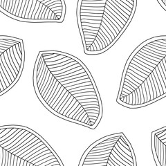 Seamless pattern from striped large leaves. Template for printing on textiles, fabrics, bedding, wrapping paper, decorative pillows. Black-white coloring book. 