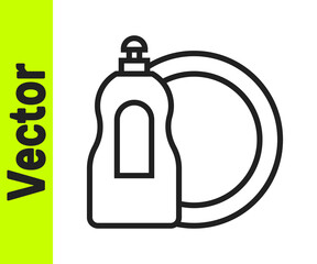 Black line Dishwashing liquid bottle and plate icon isolated on white background. Liquid detergent for washing dishes. Vector