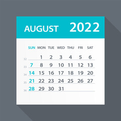 August 2022 Calendar Green Leaf - Vector Illustration