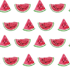 Watermelon slices on white watercolor seamless pattern