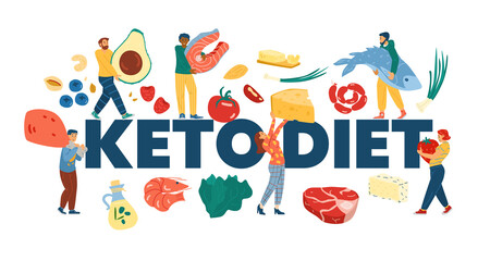 Keto Diet web banner with tiny people, cartoon vector illustration isolated.