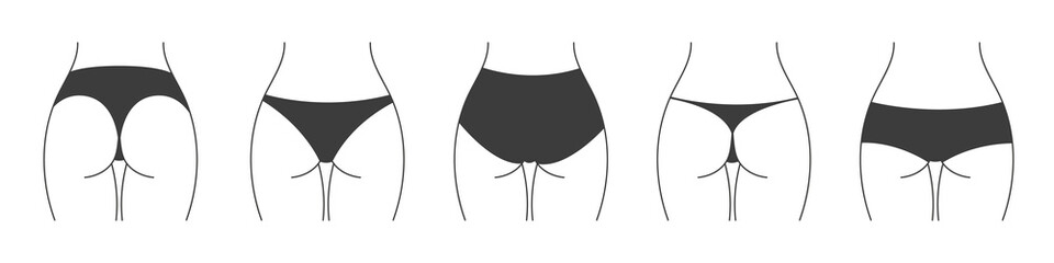 Different types of panties. Collection of lingerie back view. Vector silhouettes of female underwear