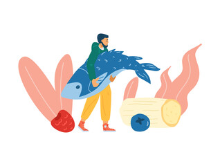 Man with huge fish among keto diet permitted products, flat vector illustration.