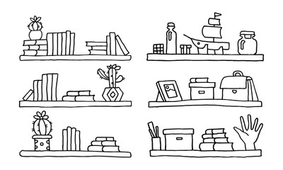 Fototapeta premium Set of Bookshelves with books, souvenirs, school supplies. Doodle style drawing. Vector EPS 10