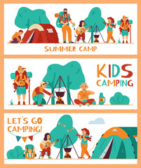 Banners for kids summer camp with adventure hiking and camping for boys and girls