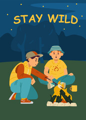 Boy scout camping poster with children at campfire, flat vector illustration.