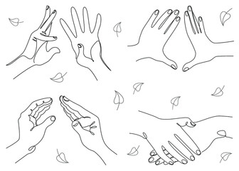Collection. Silhouettes of human palms in a modern one line style. Clap their hands, knit, crochet. Solid line, aesthetic outline for decor, posters, stickers, logo. Set of vector illustrations.